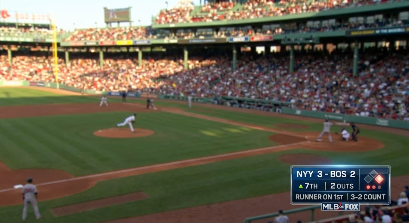 A TV broadcast baseball scoreboard overlay showing score, inning, outs, base runners, and count