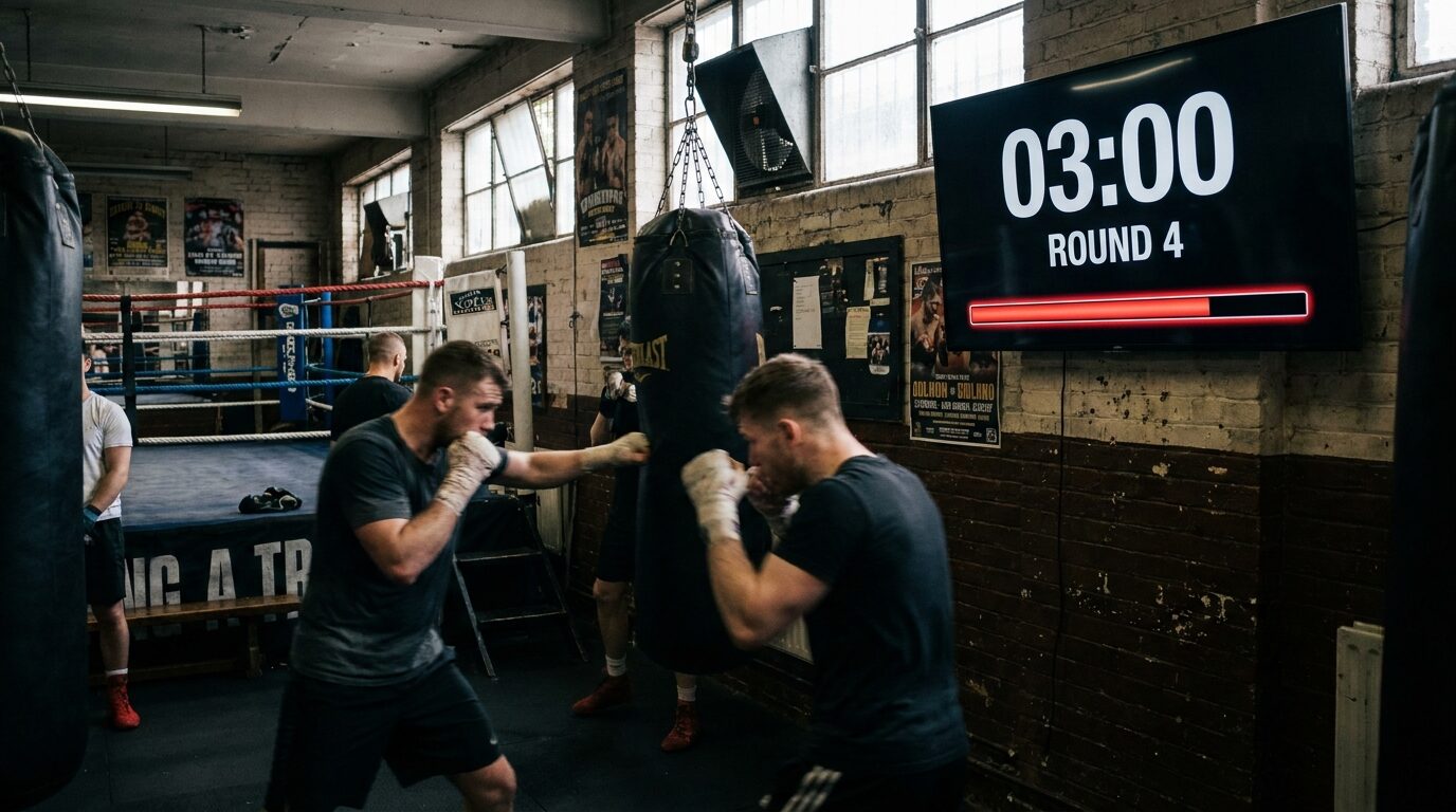 Run rounds and rest on a boxing timer the whole gym can see — a wall-TV countdown with a buzzer for the bell, controlled from the coach's phone.