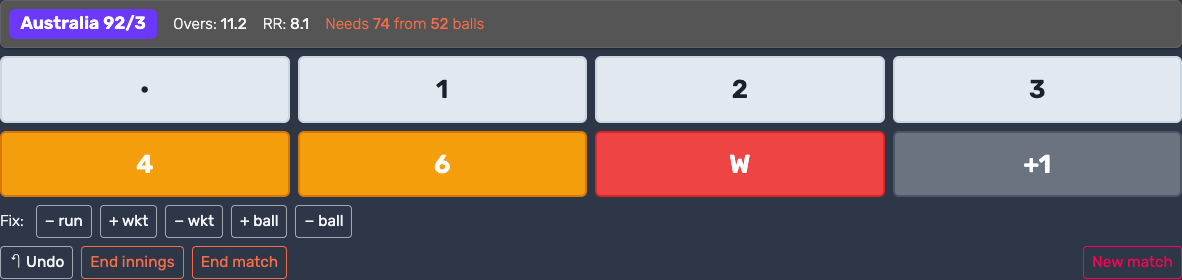 The cricket control panel showing run buttons, wicket, extras, corrections and innings controls