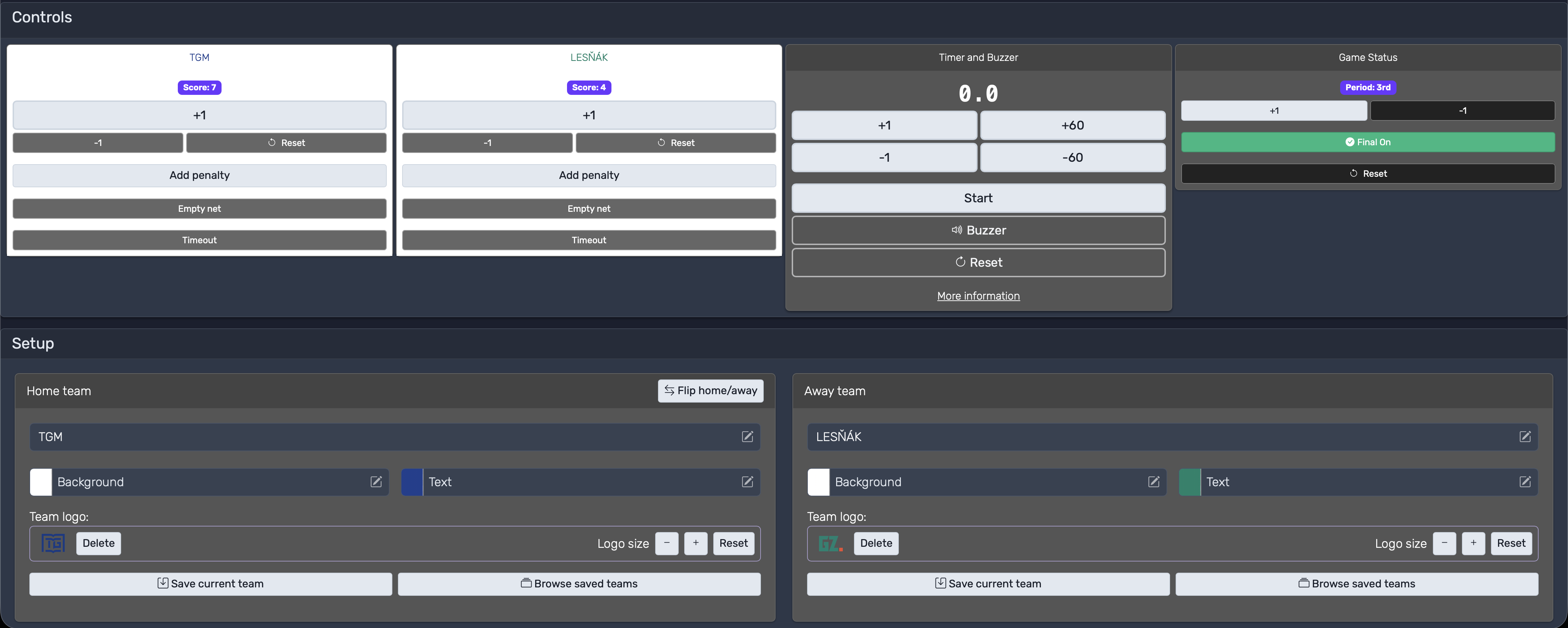 KeepTheScore control panel interface