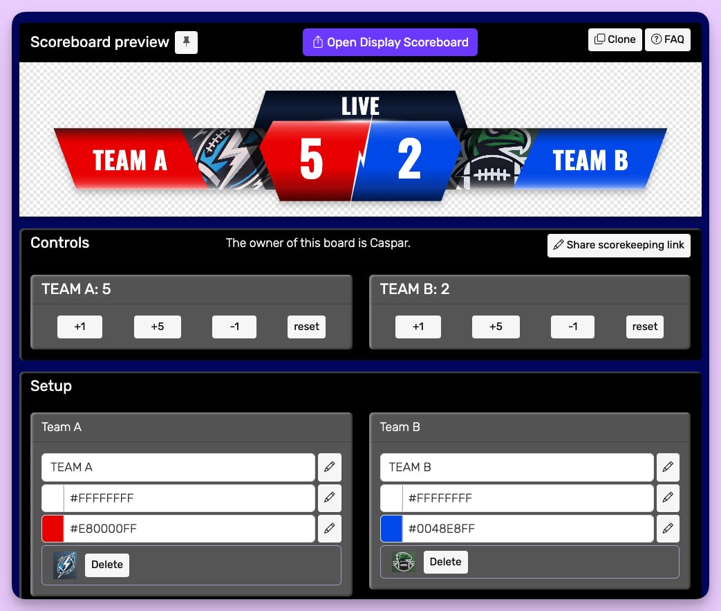 The web-based control panel for a score overlay