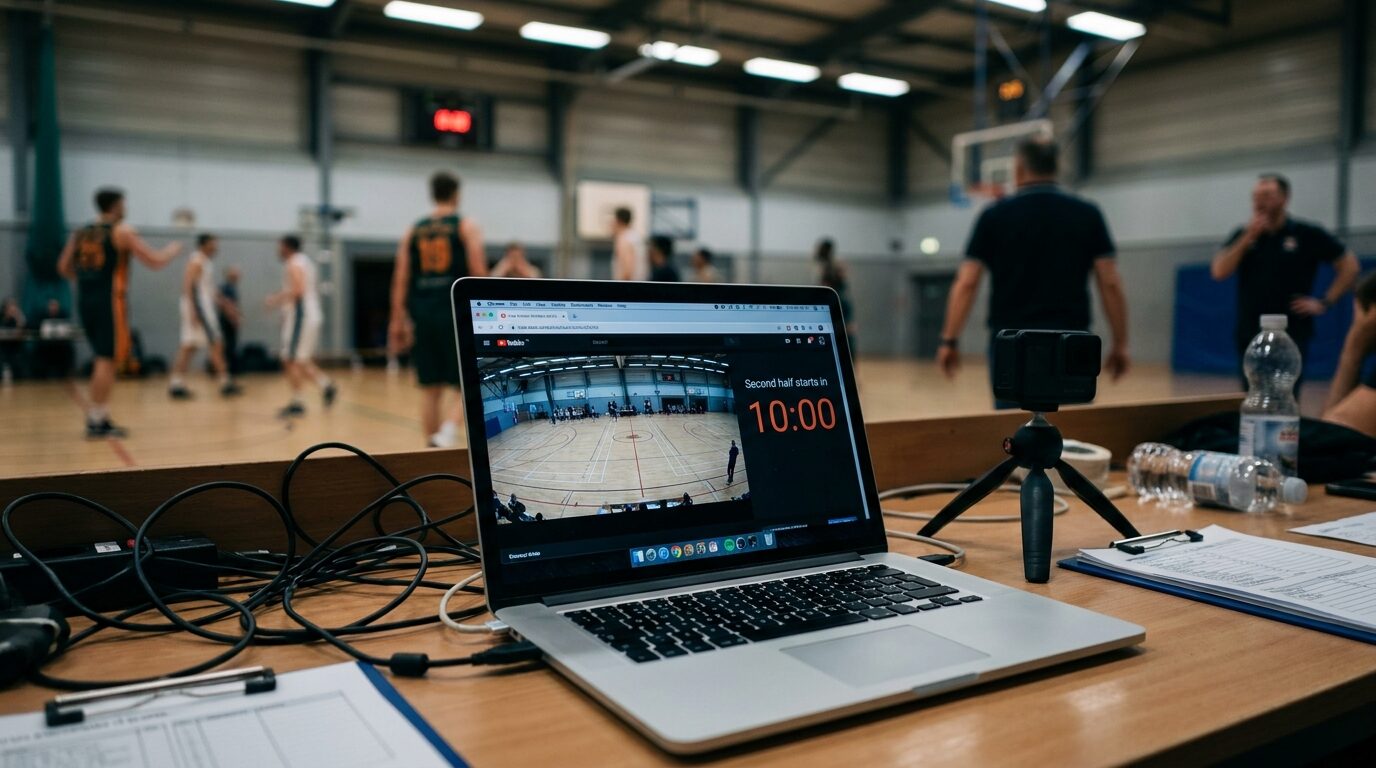 Keep viewers through the break: add a halftime or starting-soon countdown to your sports stream, synced live from the scorer's table to the second.