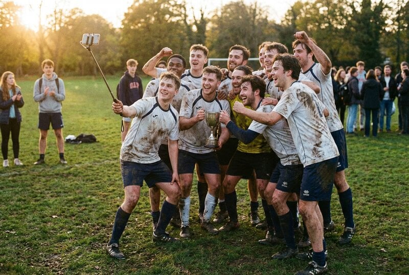 Hello Kitties FC team celebrating victory with trophy while camera continues recording on tripod