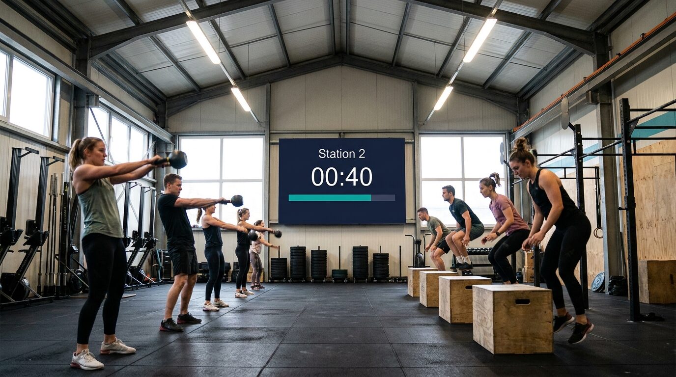 Put a gym timer on the wall TV: HIIT blocks, station rotations, and AMRAP clocks synced across every screen, controlled from the coach's phone.