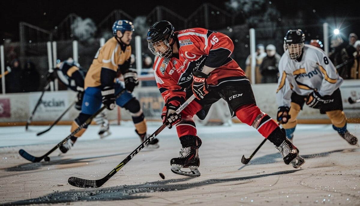 Hockey players battling for the puck