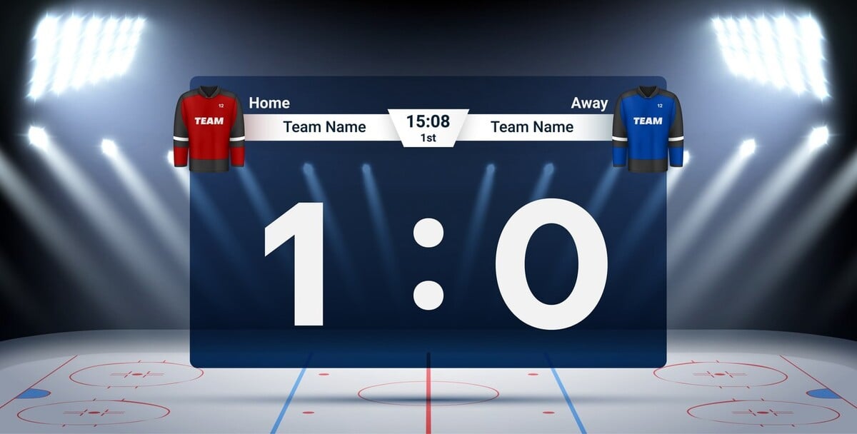 A hockey scoreboard showing the game score and period