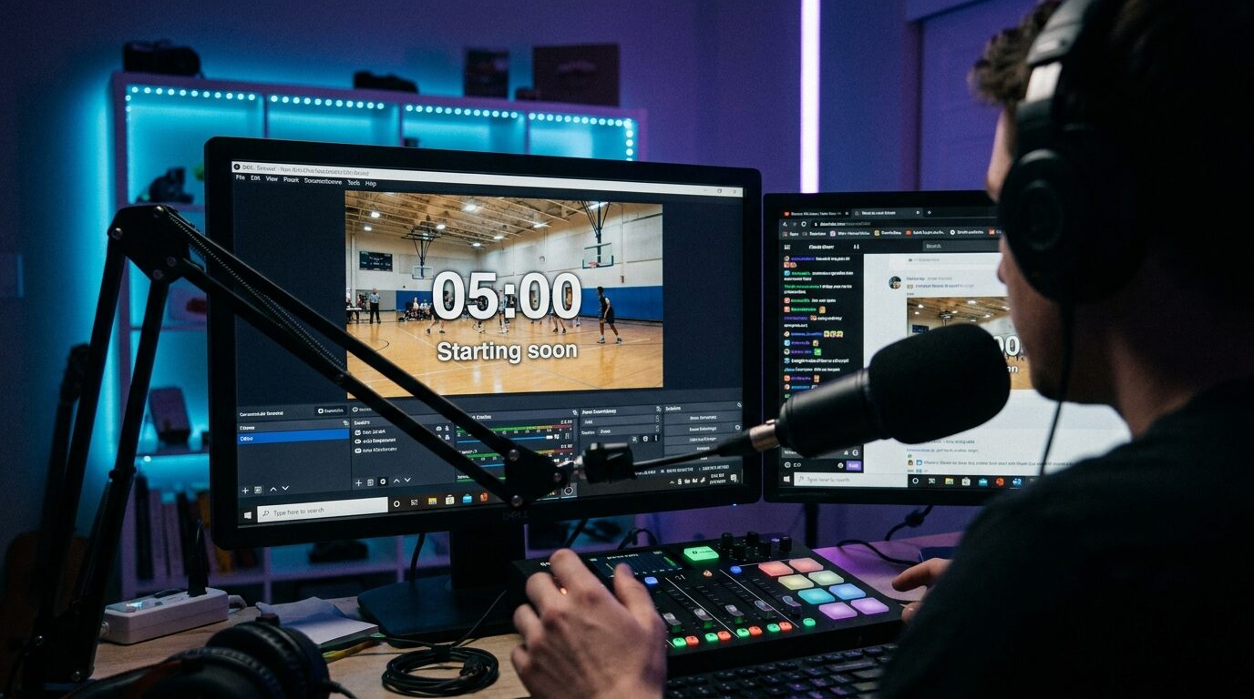 Add a countdown timer to OBS as a browser source — a synced starting-soon, halftime, or break timer you control from your phone mid-broadcast.