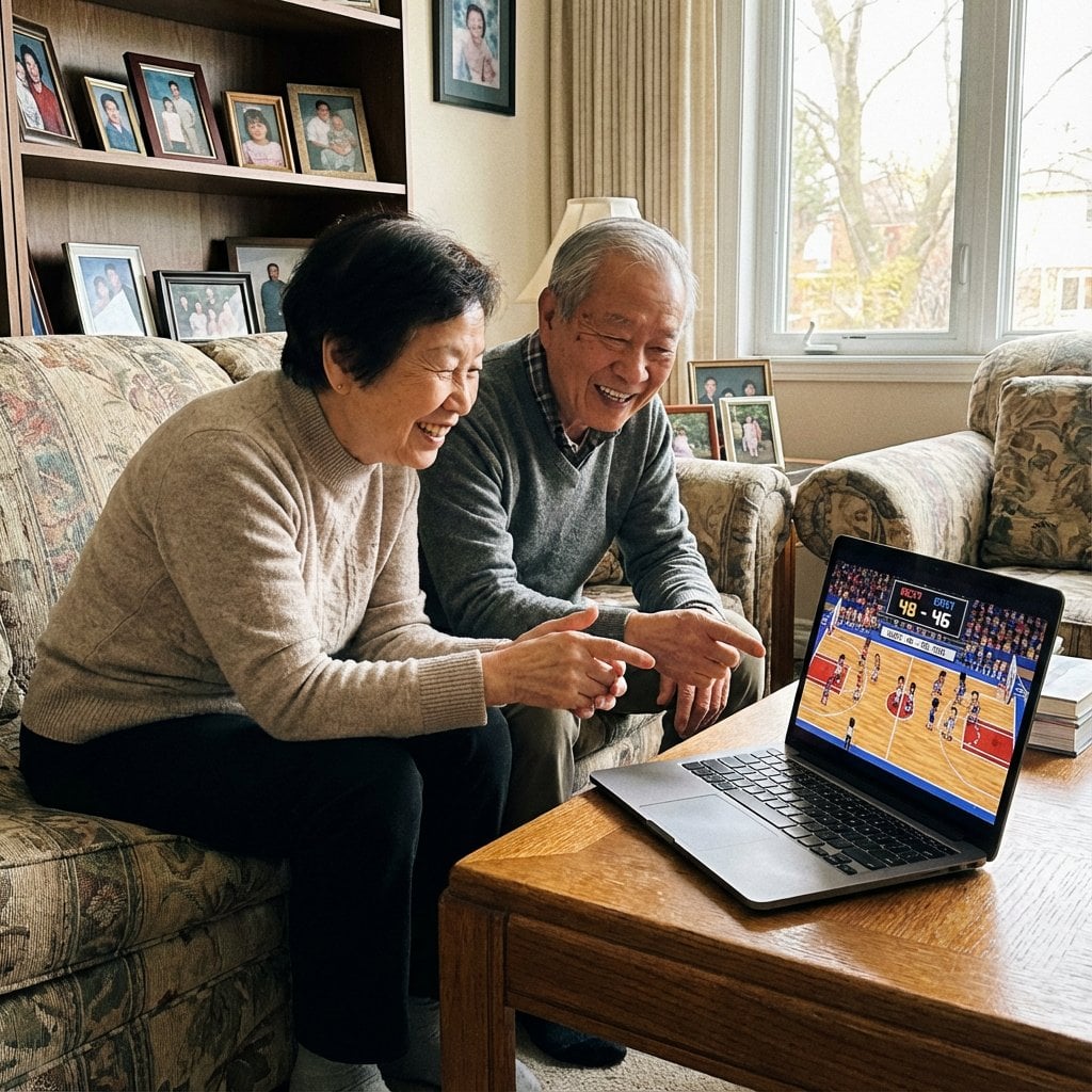 Laptop showing live stream of school sports game on a kitchen table