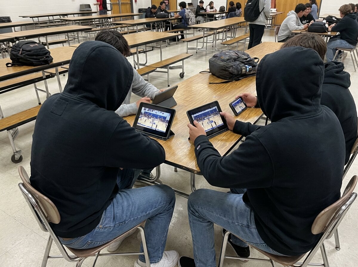 Students gathering around tablets and phones to watch school game stream