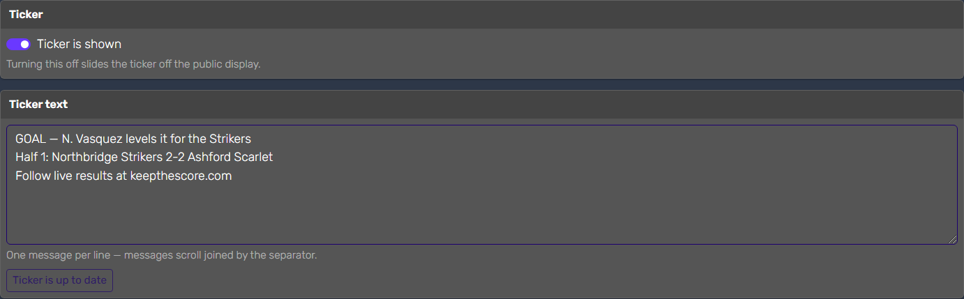 The Stream Ticker control panel with the master switch and the message editor