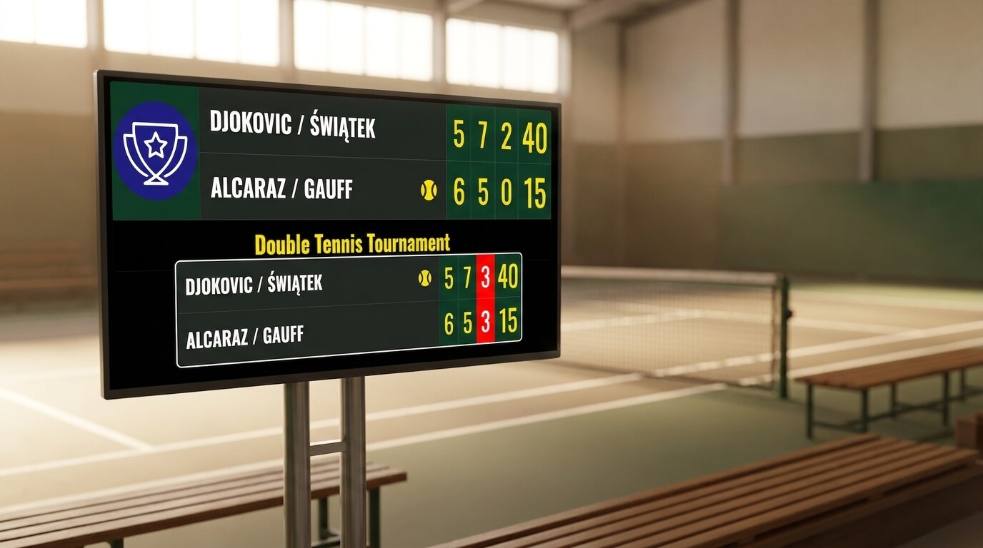 A tennis scoreboard display showing player names, the current game score, and sets won by each player