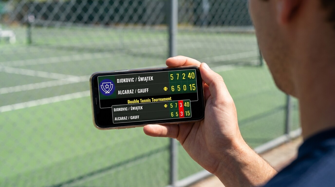 A hand holding a smartphone running a live tennis scoreboard courtside