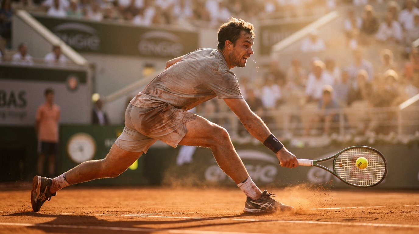 A tennis player fully stretched out reaching for a forehand at the baseline, visible effort on their face