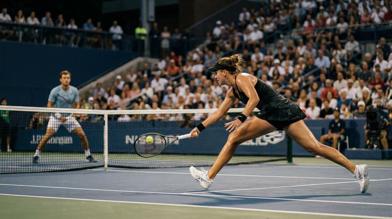 Two tennis players stretching for the ball mid-rally during a tiebreak point