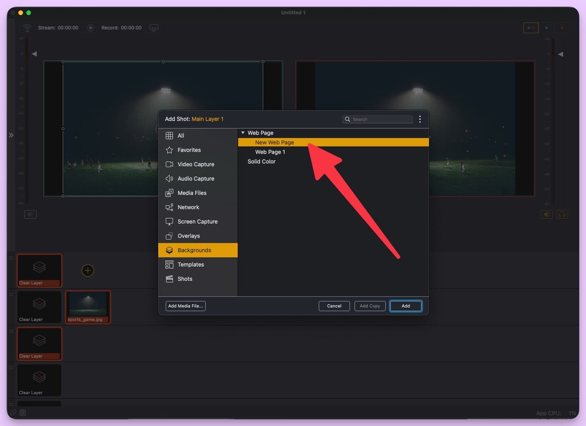 Adding a web page source in Wirecast