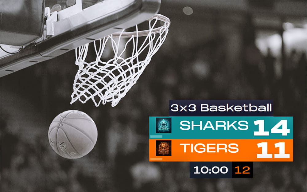 3x3 Basketball Scoreboard - Half-court 3x3 basketball scoreboard with a single 10-minute period and 12-second shot clock....