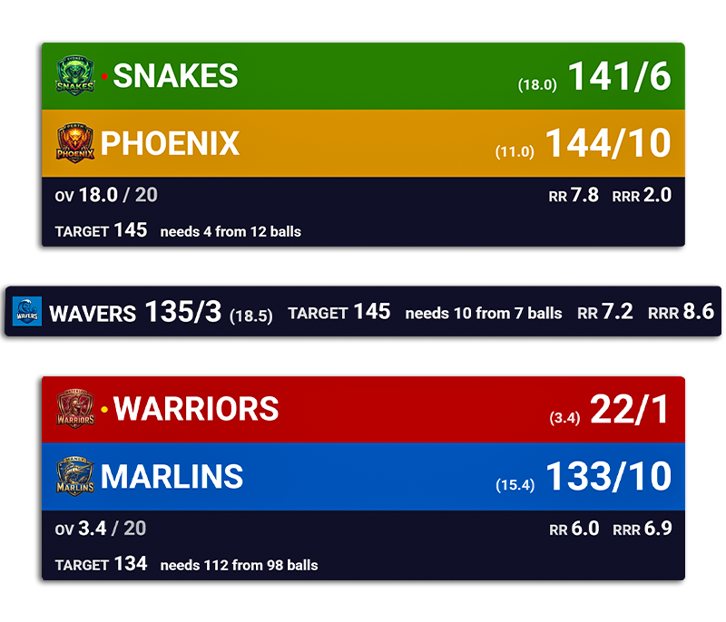 Product hero image: A live cricket scoreboard showing runs, wickets and overs
