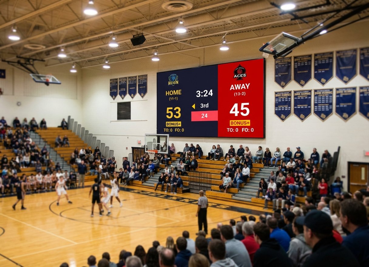 Product hero image: Laptop connected to an LED wall displaying a basketball scoreboard in a school gym