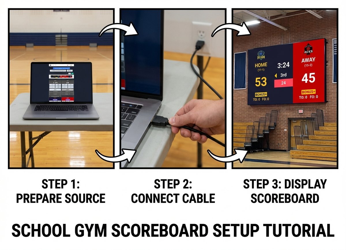 Feature screenshot: Three-step scoreboard setup: laptop, HDMI cable, LED wall display