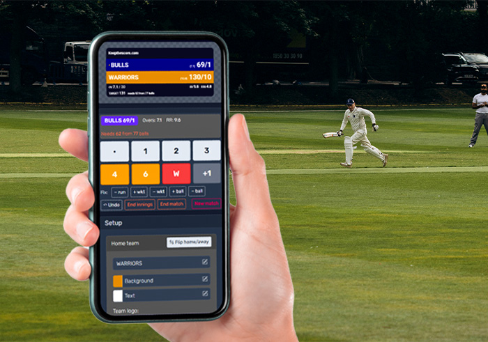 Feature screenshot: A mobile phone controlling a cricket scoreboard