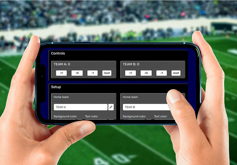 Feature screenshot: Streamer updating scoreboard from phone while broadcasting