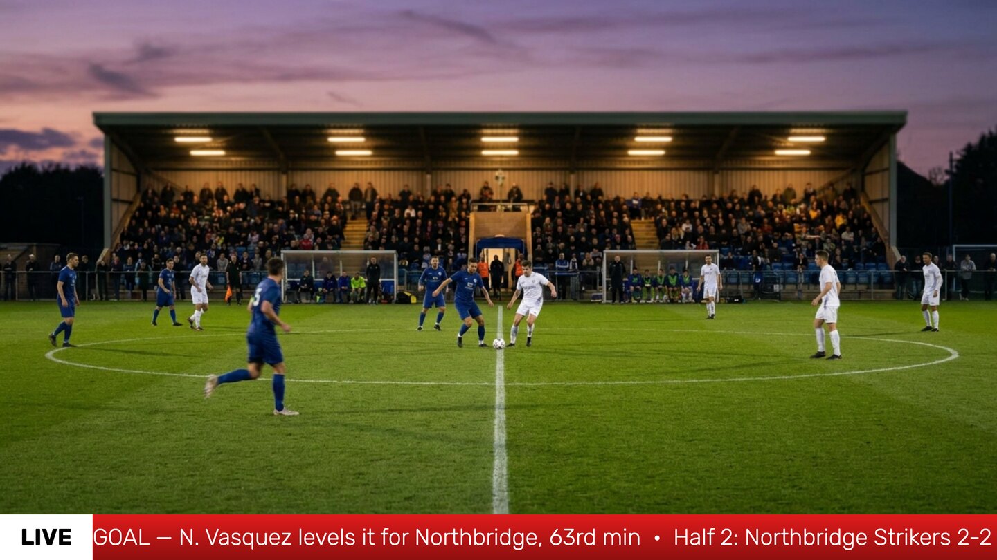 Product hero image: Scrolling news ticker overlay with a LIVE title box running along the bottom of a soccer stream