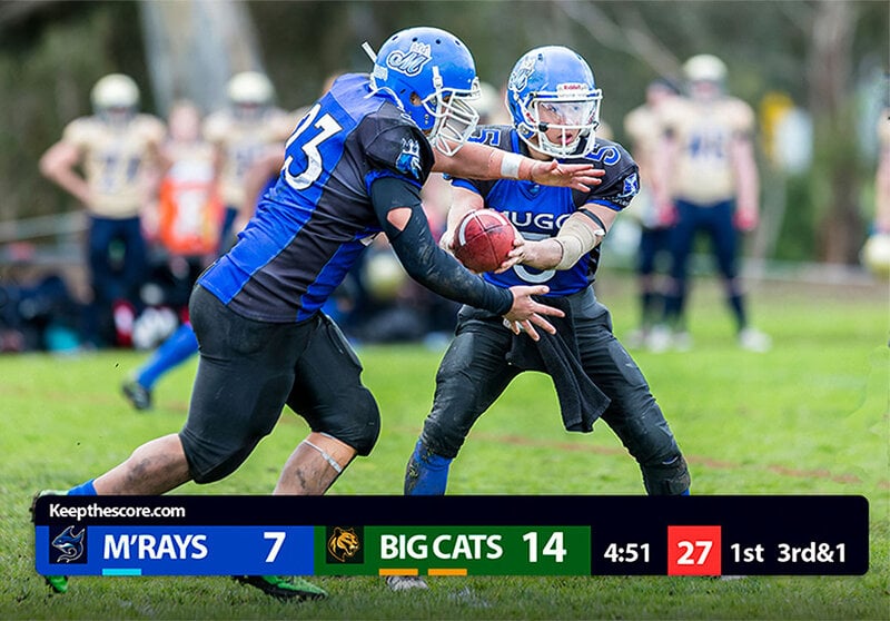 Feature screenshot: OBS Studio showing a football scoreboard overlay integrated into a live stream