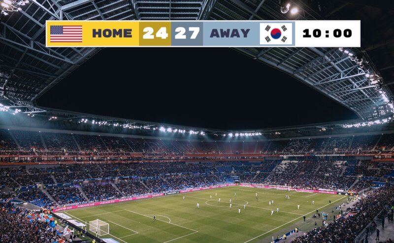 Feature screenshot: Streaming software showing a scoreboard overlay on a live sports broadcast