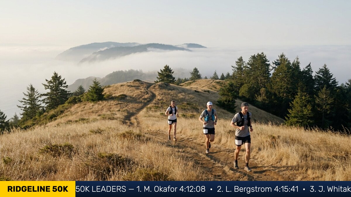 Feature screenshot: Trail race live stream with a scrolling ticker of the leaders' times along the bottom