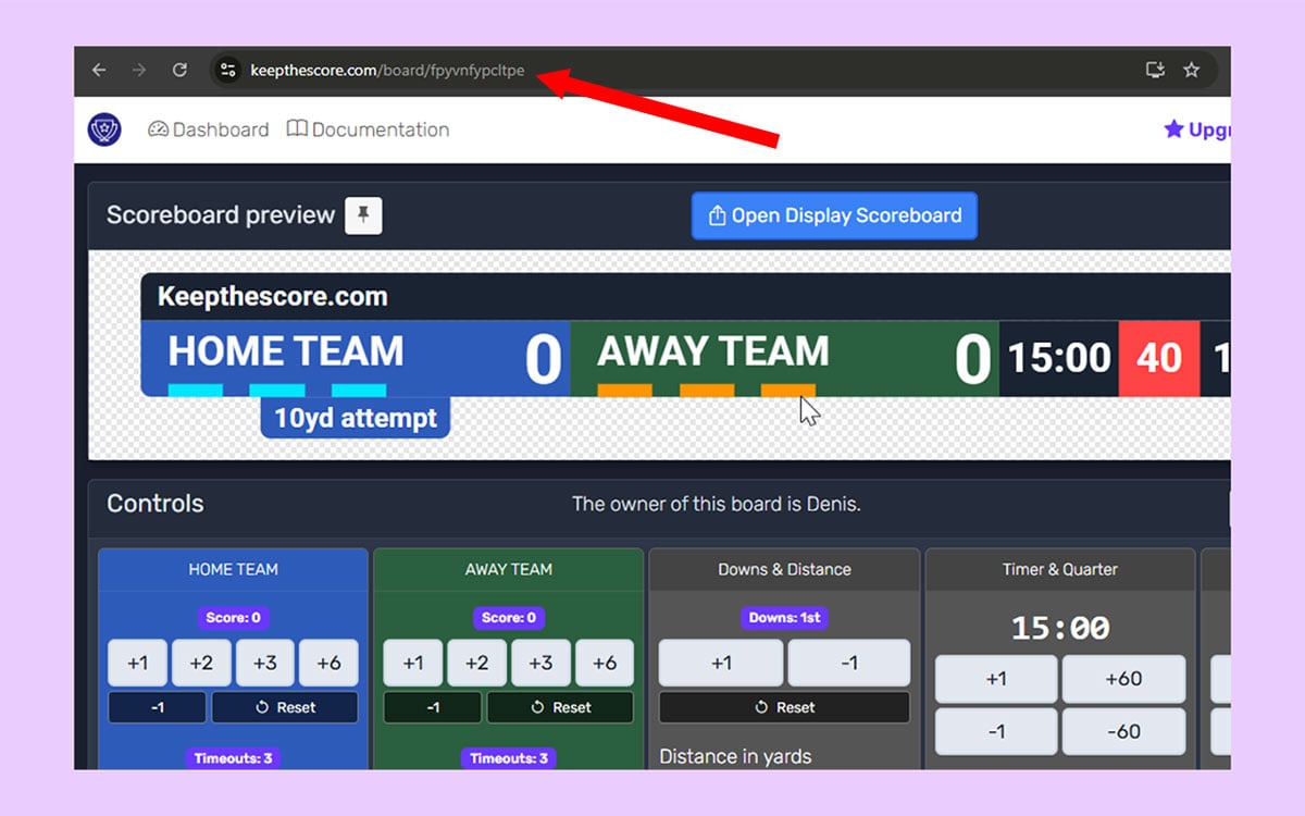 Scoreboard URL showing the token