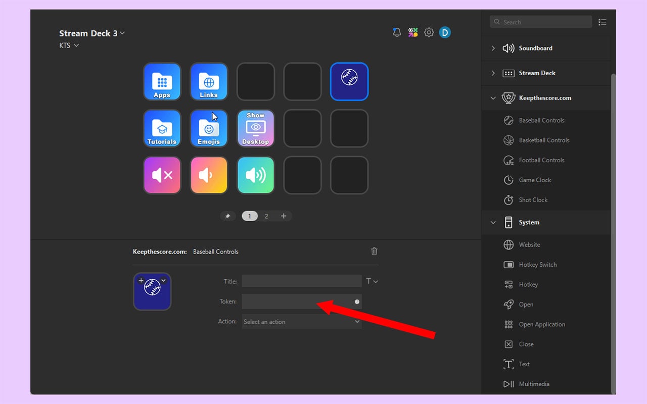 Configuring a Stream Deck button with token and action