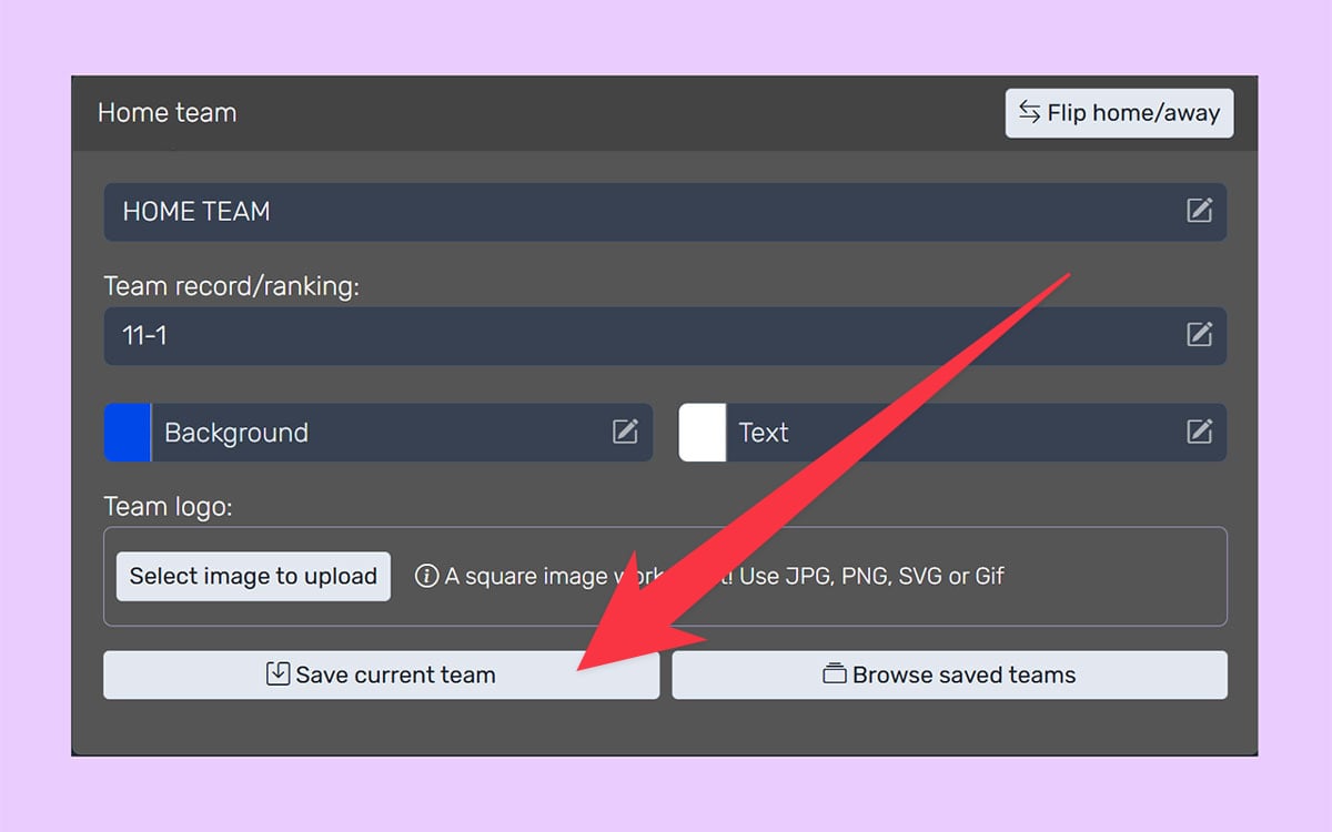 Team setup panel with all customization options