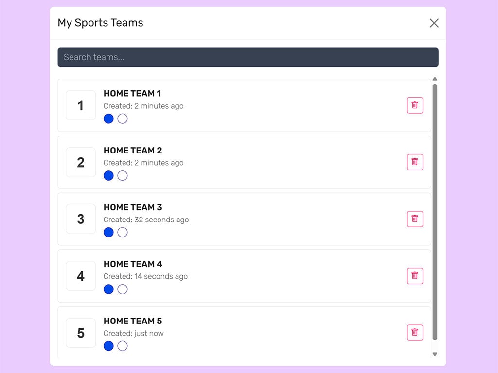 Team library modal showing saved teams with search functionality